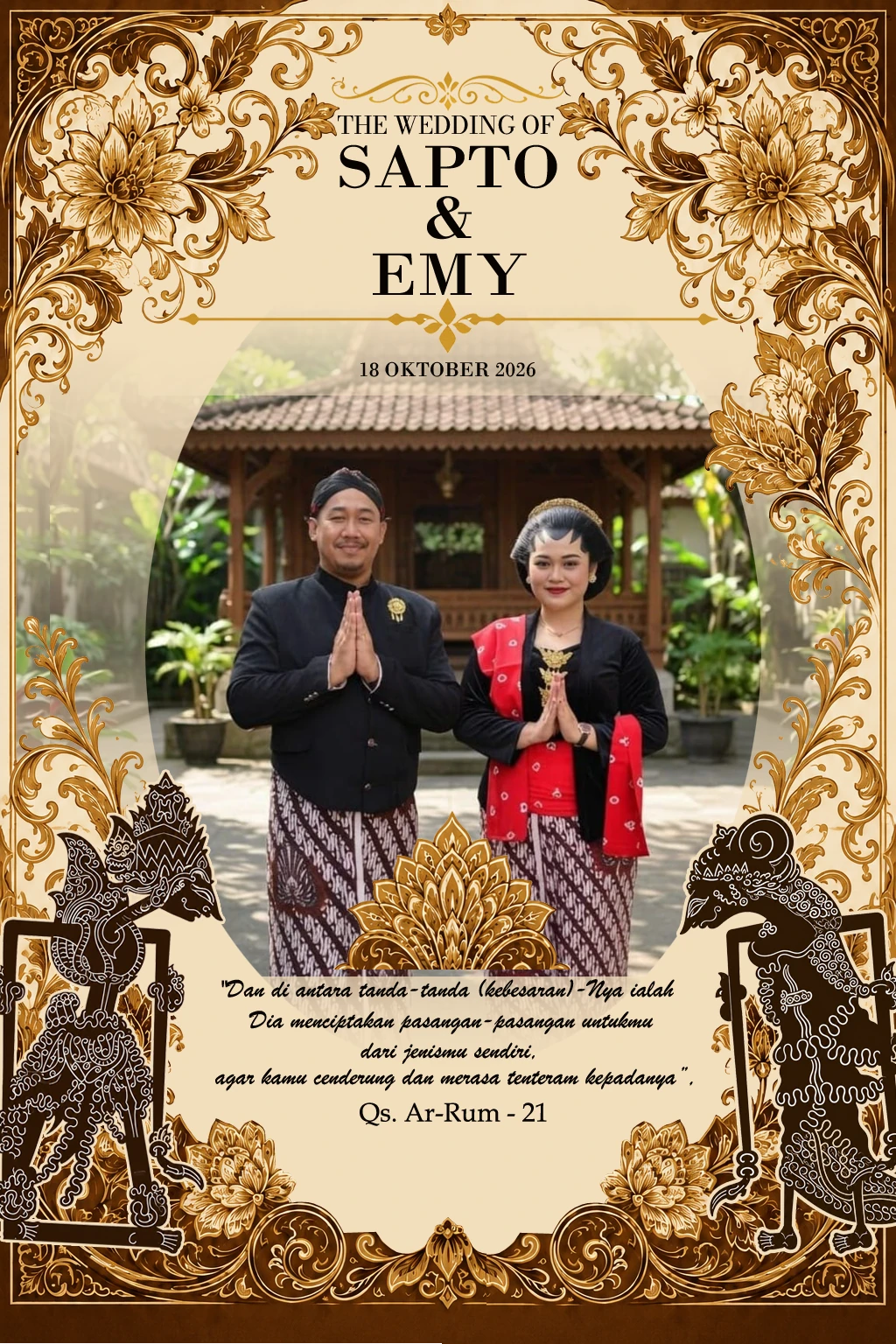 Sampul pernikahan Sapto dan Emy dengan wayang dan ornamen bunga Jawa